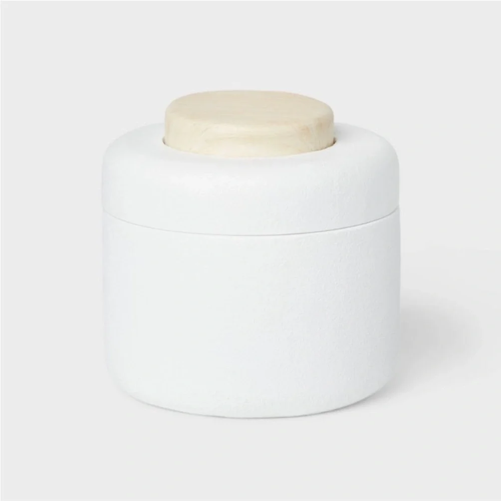 THRESHOLD NWT modern resin bath canister wood top -white